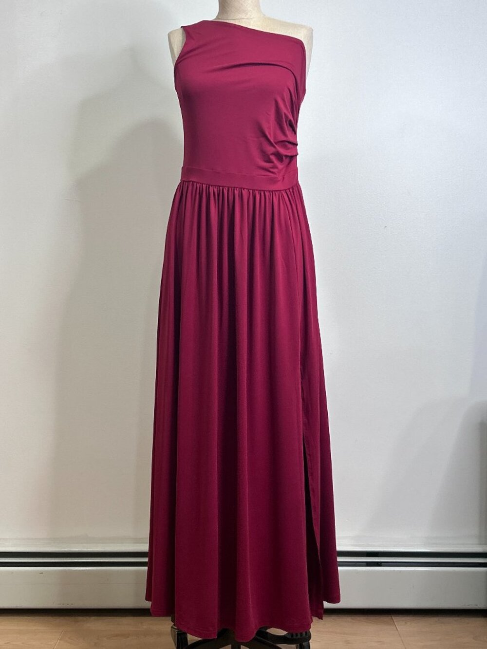 LYANER Burgundy One Shoulder Ruched Maxi Dress Side Slit Size M